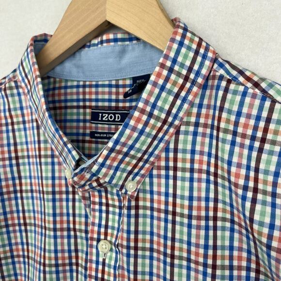 IZOD Shirt Mens XL Non Iron Stretch Poplin Plaid Button Up Cotton Blend Blue - Picture 1 of 15